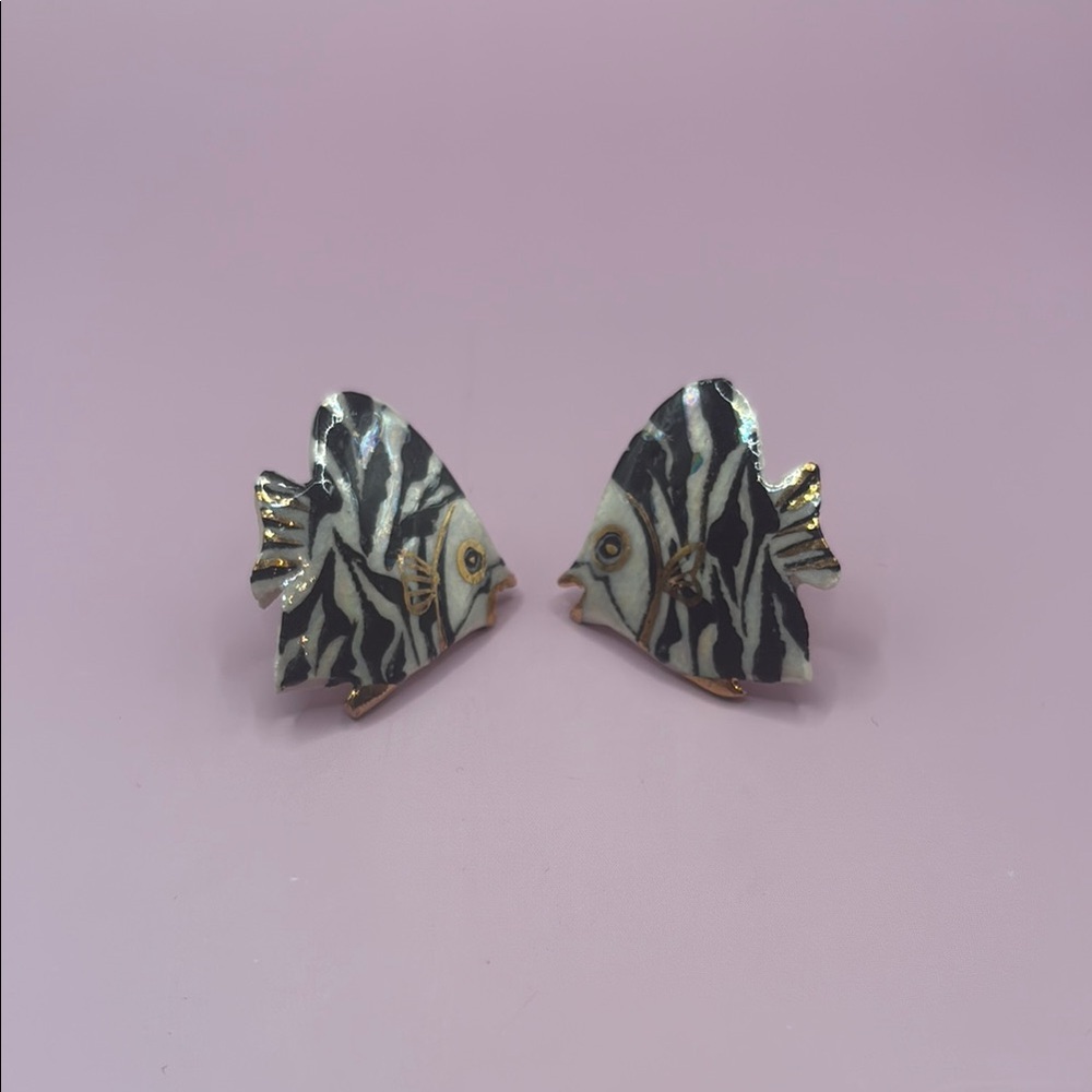 Handmade Gold and Black Ceramic Hand Painted Angel Fish Earrings